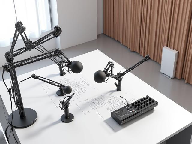 Modern podcast studio with multiple microphones and soundproofing